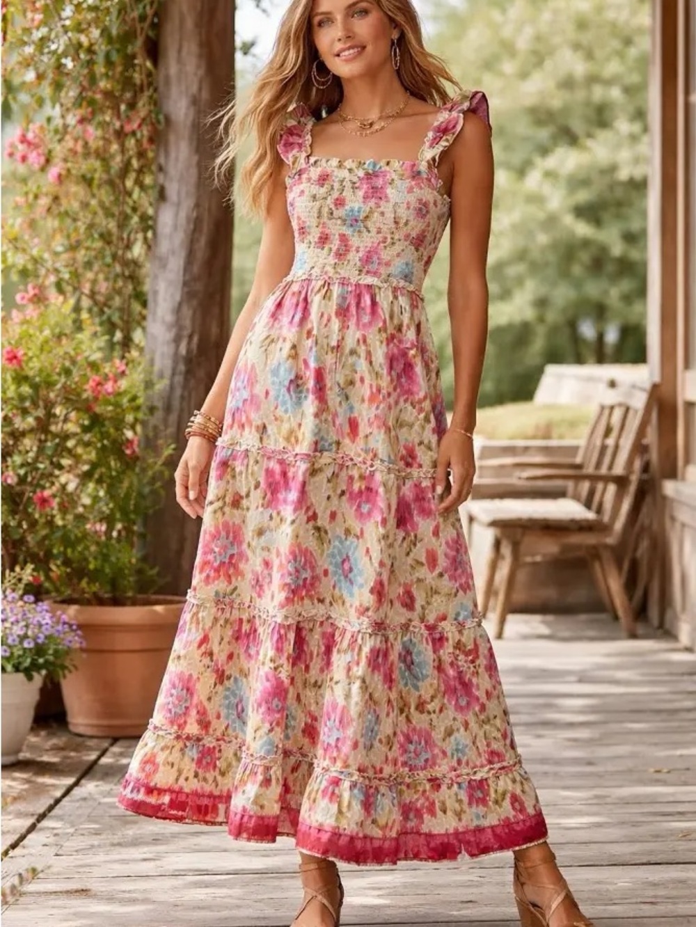 House of Harlow 1960 Ruffle Multicolor Floral Smocked Maxi Dress Tiered L